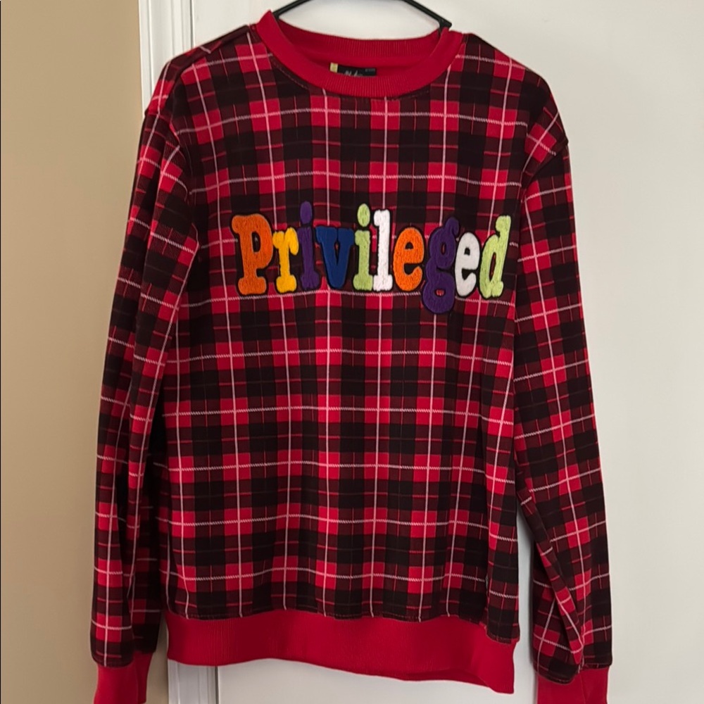 Red and Black Plaid Crew Neck Sweater
